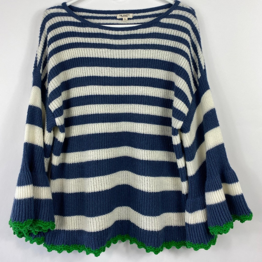 The Shanty Corporation Womens Large Striped Ruffled Dolan Sleeve Knit Sweater